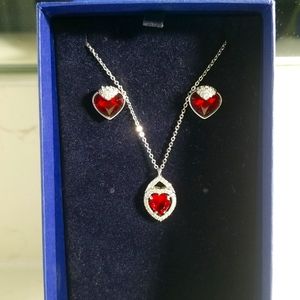 Silver and red crystal heart necklace and earrings